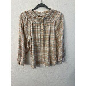 Loft plaid smocked Henley blouse women size medium